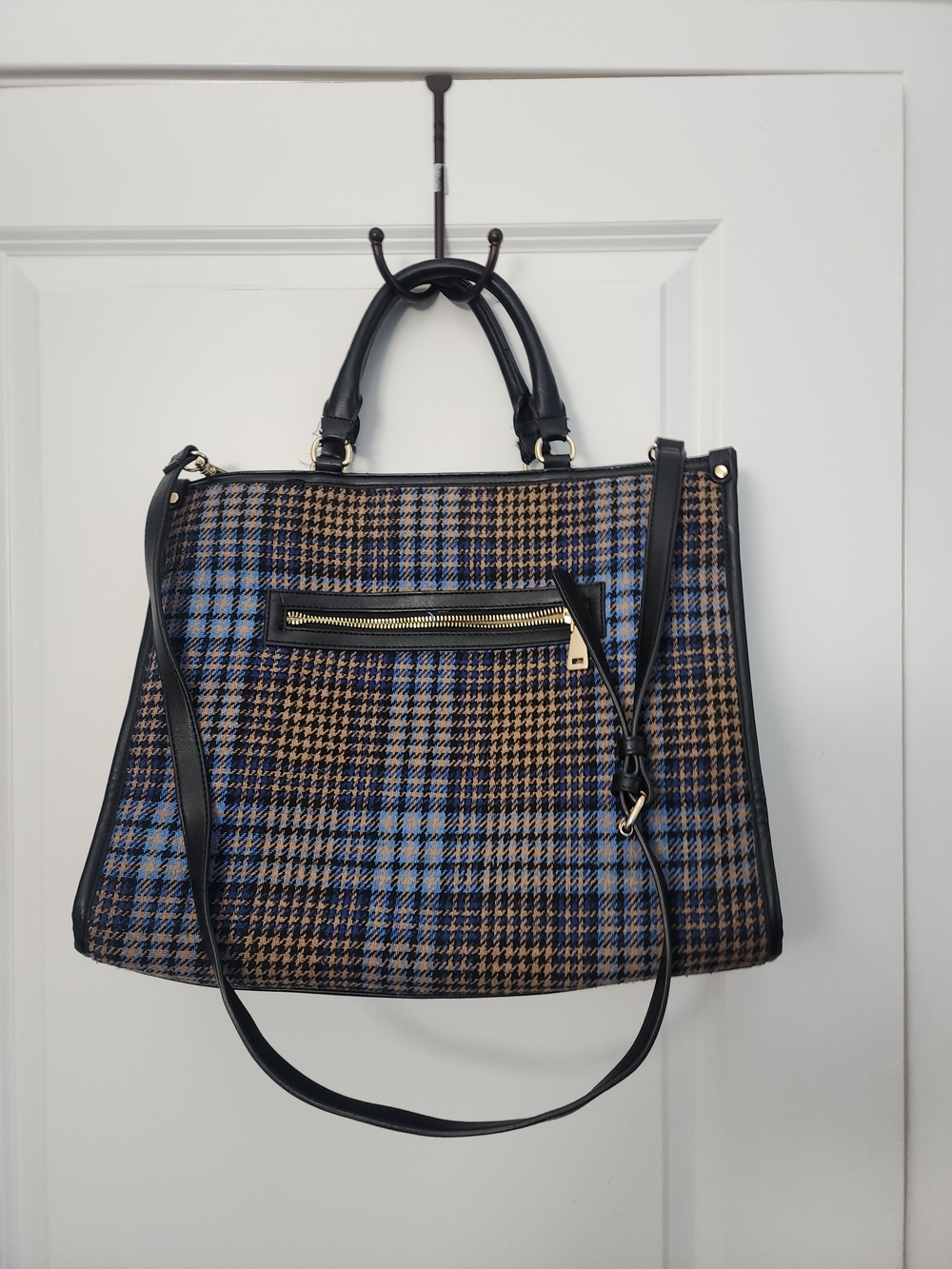 INC International Concepts Blue & Brown Plaid Tote with Black Trim